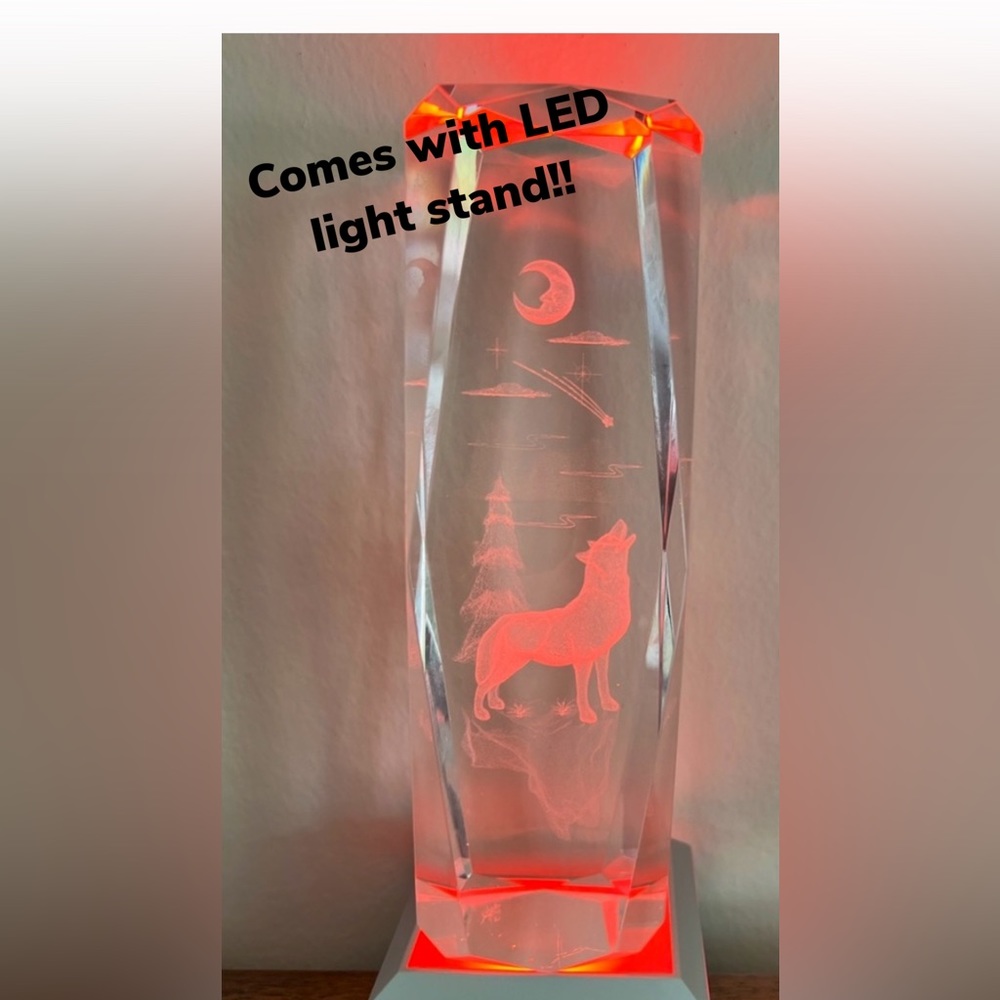 Large Crystal 3D Etched Wolf With LED Display Stand